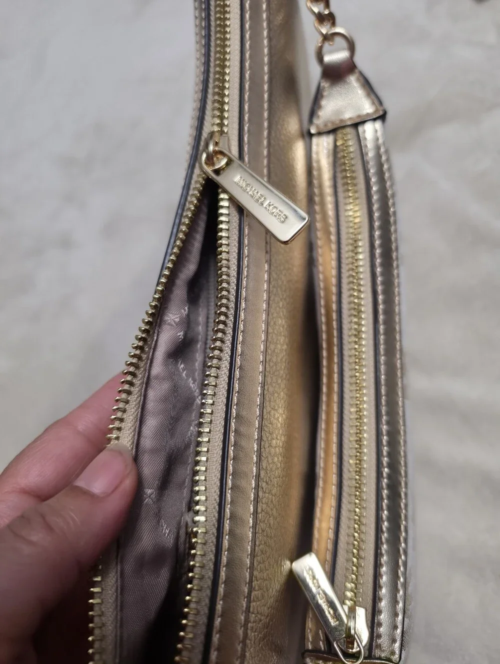100% Original Michael Kors White and Taupe MK Logo Crescent Shoulder Bag